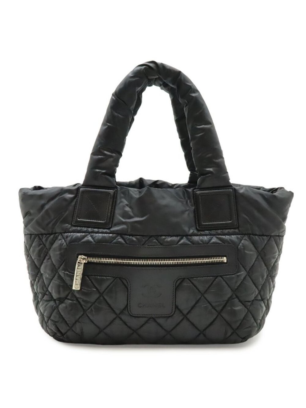 Chanel Coco Cocoon Small Tote Bag Quilted Nylon Leather Black Silver